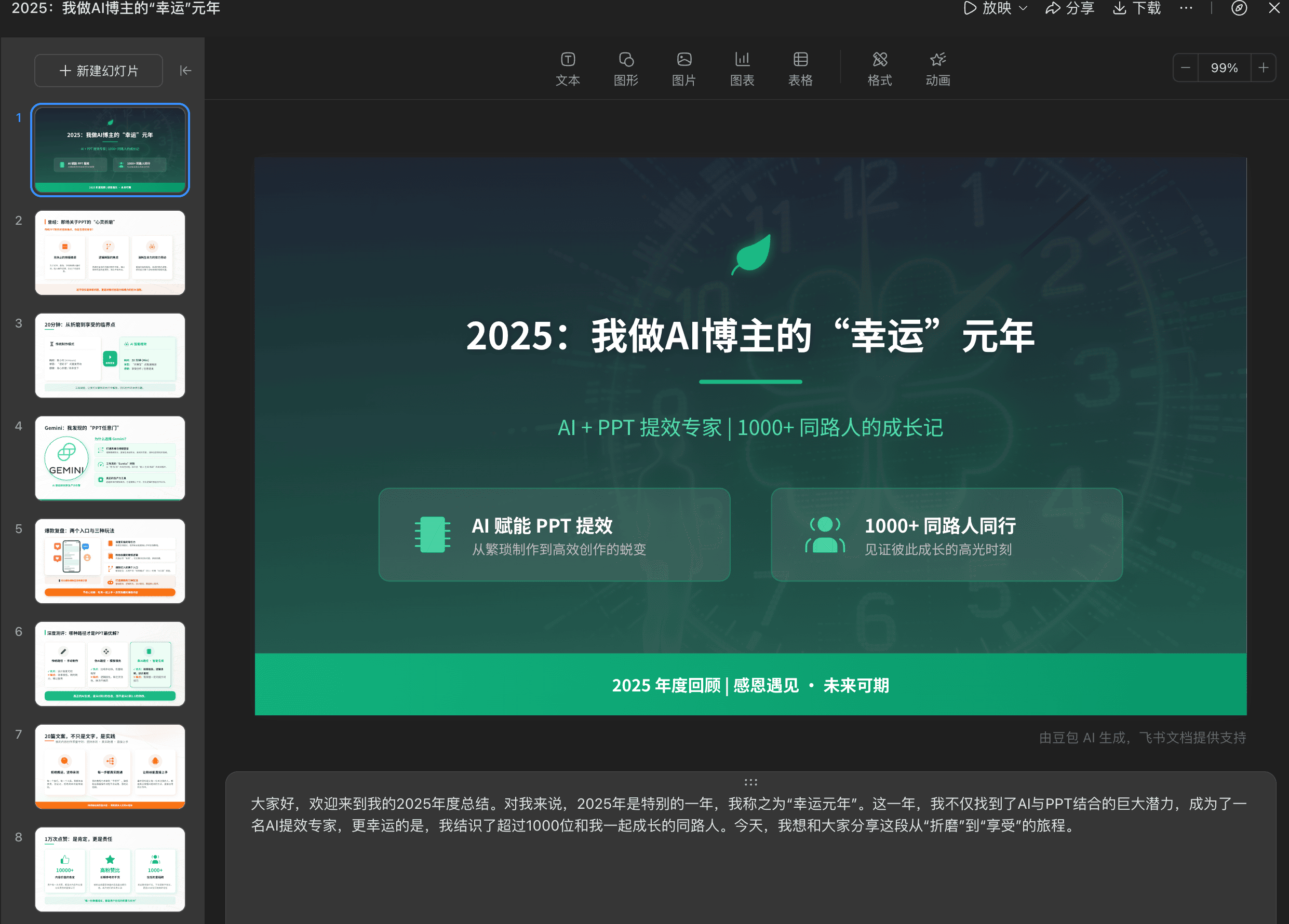 图片展示的是2025年“我做AI博主的‘幸运’元年”PPT首页。标题为“2025:我做AI博主的‘幸运’元年”,副标题是“AI+PPT 提效专家 | 1000+ 同路人的成长记”。下方有两块内容板块,左侧是“AI赋能PPT提效,从前期策划到后期制作的蜕变”,右侧是“1000+同路人,见证 自动生成