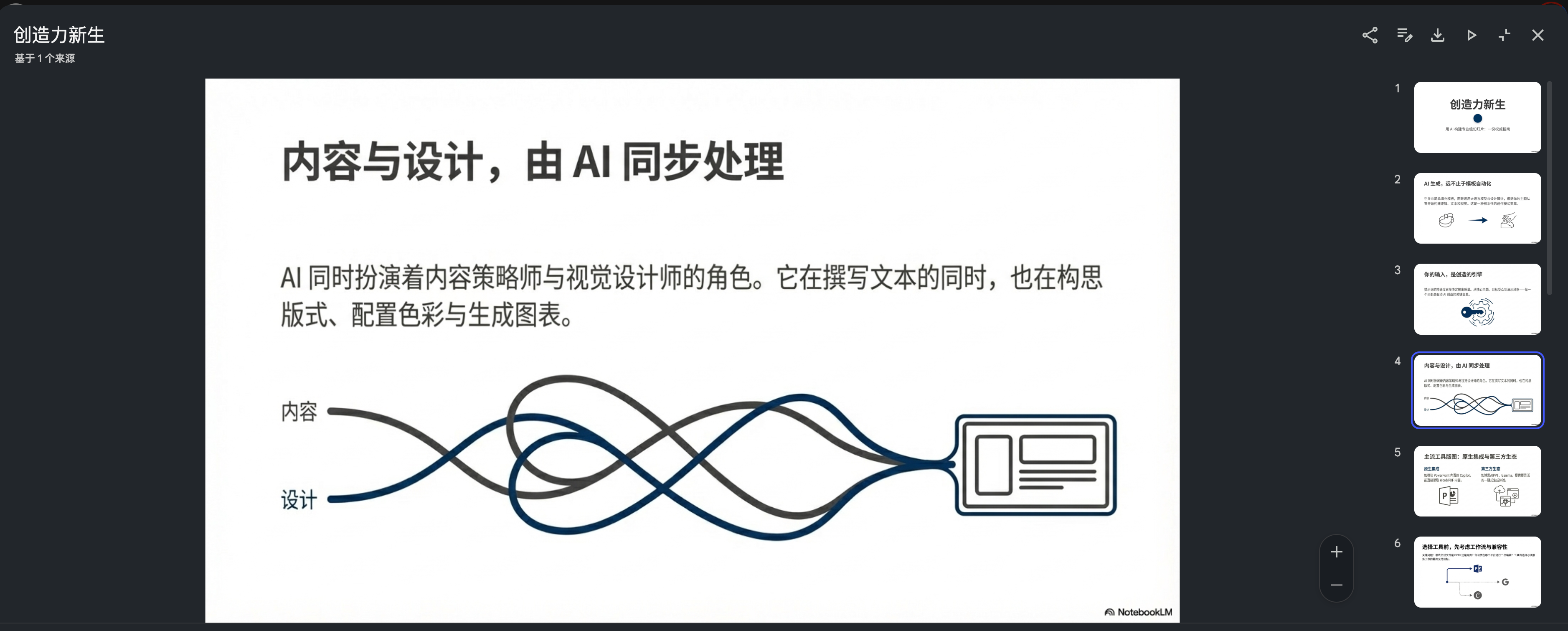 图片展示的是 addCriterion图片位于文档中“5.1风格提示词”部分,是“极简商务风”风格提示词示例。图片上方有“创造力新生”标题及“基于AI训练”说明。中间大标题为“内容与设计,由AI同步处理”,下方文字介绍AI同时扮演内容策略师与视觉设计师角色,撰写文本时也构思版式、配置色彩与生成图表。底部有“AI NotebookLM”标识。右侧有“创造力新生”系列图标。此图与上下文介绍的风格提示词相关,直观呈现了极简商务风的风格特点。