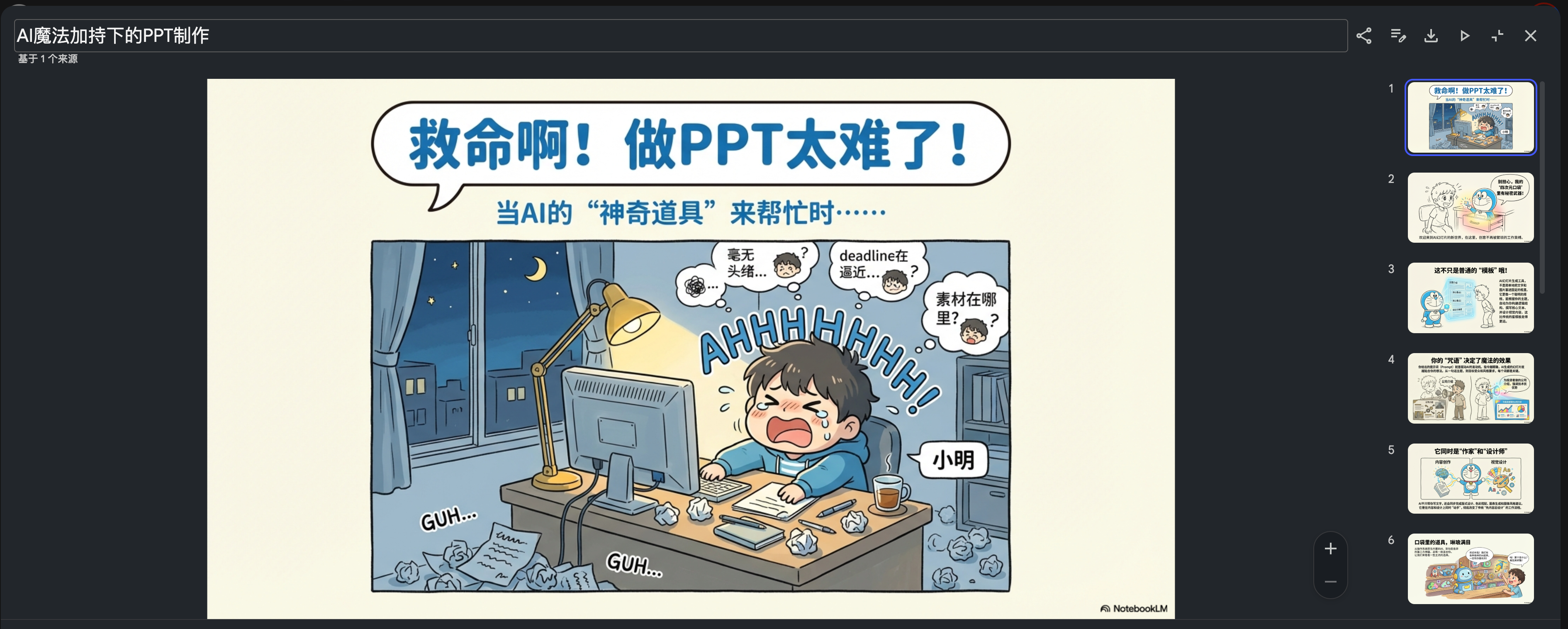 图片展示的是AI魔法加持下的PPT制作相关内容。画面中,一位坐在电脑前