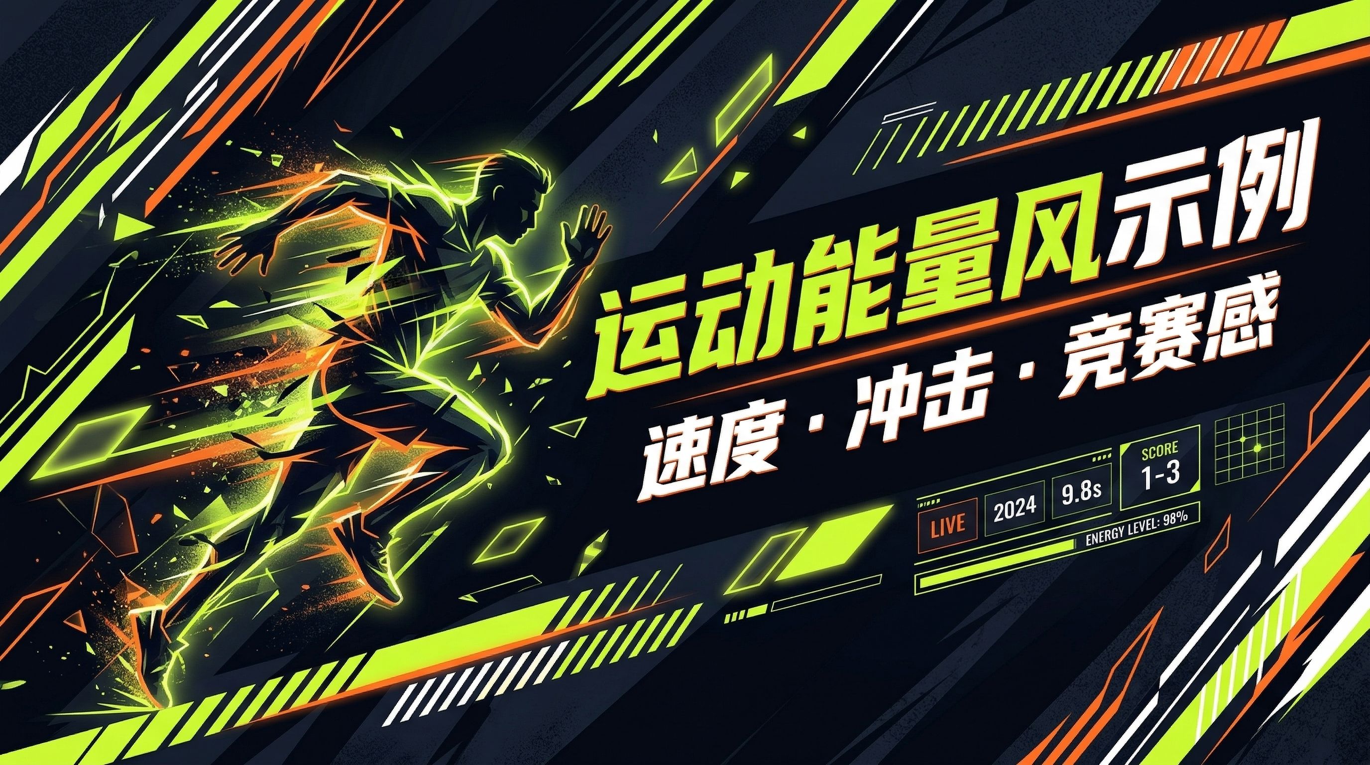 图片展示的是运动能量风示例,画面中一位运动员在绿色和橙色的线条与几何图形中奔跑,充满速度与冲击感。画面右上角有“运动能量风示例”字样,下方是“速度·冲击·竞赛感”文字。右下角有“LIVE 2024”“SCORE 1 - 3”“ENERGY LEVEL 100%”等信息。该图片与文档中介绍的运动能量风(Sports/Athletic/Energy)风格相契合,直观呈现了该风格的特点。