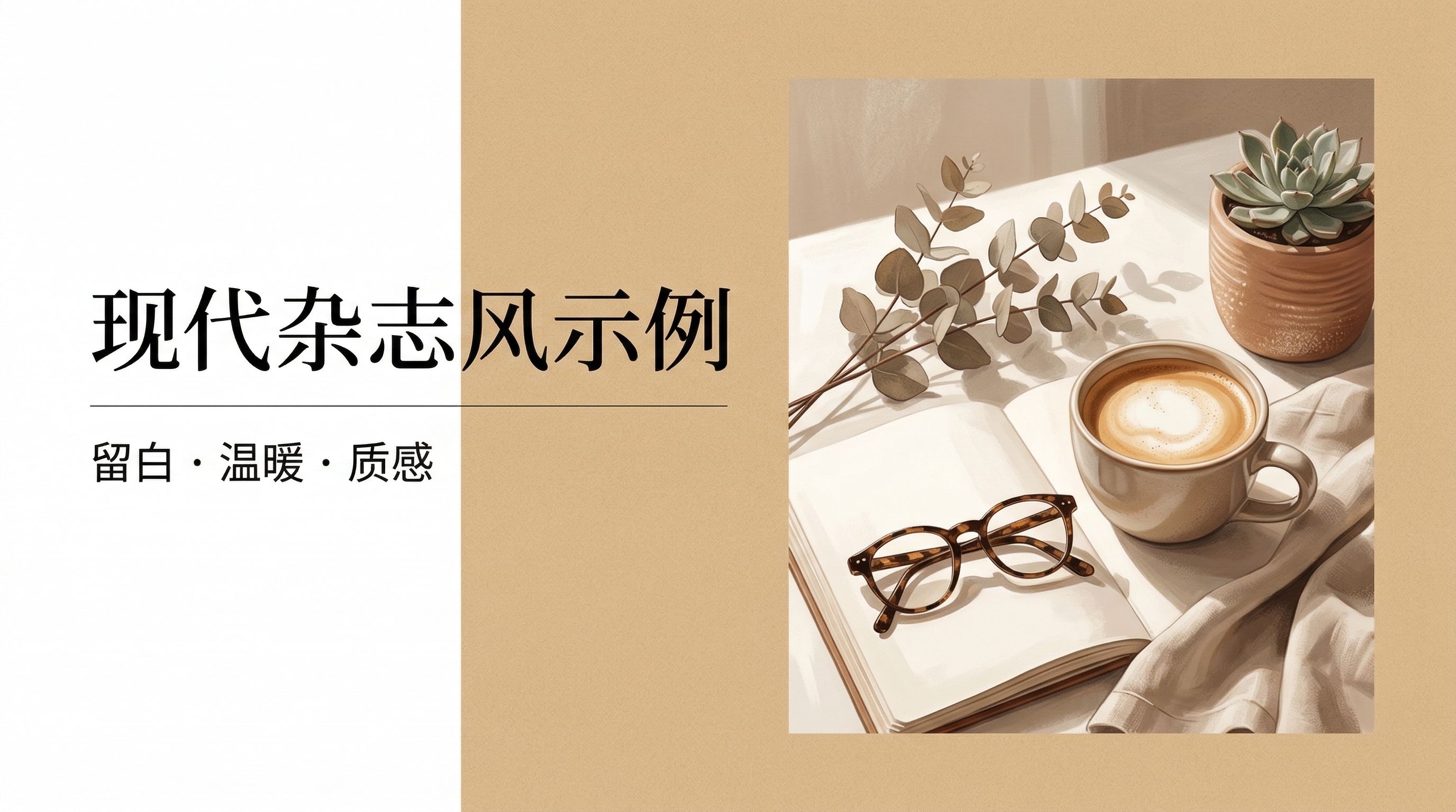 图片展示的是现代杂志风示例,背景为浅棕色。左侧白色区域有黑色文字“现代杂志风示例”及“留白·温暖·质感”。右侧画面中,一本打开的书放在桌面上,旁边放着一副眼镜、一杯带有心形图案的咖啡、一盆绿植和一条白色布料。该图片与文档中介绍的现代杂志风(Modern Editorial/Lifestyle Magazine)主题相关,直观呈现了该风格的元素特点。