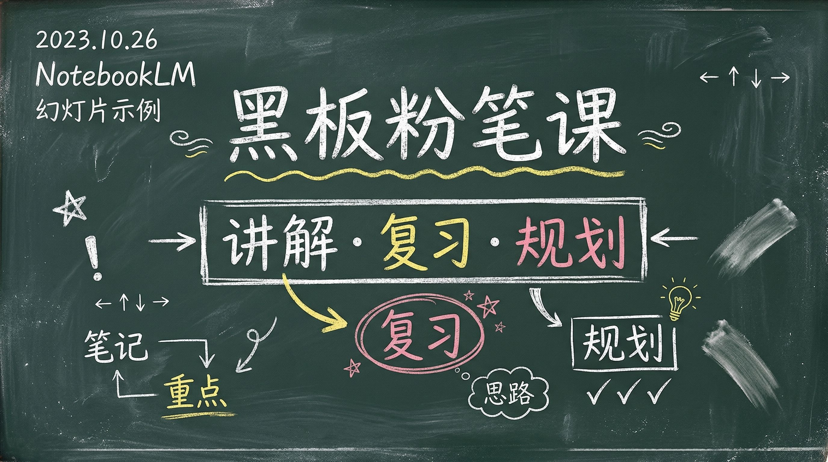 图片为2023年10月26日的NotebookLM黑板粉笔课幻灯片示例。画面以黑板为背景,上方标注日期及“NotebookLM”字样。黑板上用粉笔写着“黑板粉笔课”及“讲解·复习·规划”等字样,其中“复习”用红色突出显示。画面左侧有“笔记”“重点”标识,右侧有“思路”“规划”标识,还配有星星、箭头等装饰元素。该图片与文档中介绍黑板粉笔课风格的上下文内容相契合,直观呈现了该风格的幻灯片样式。