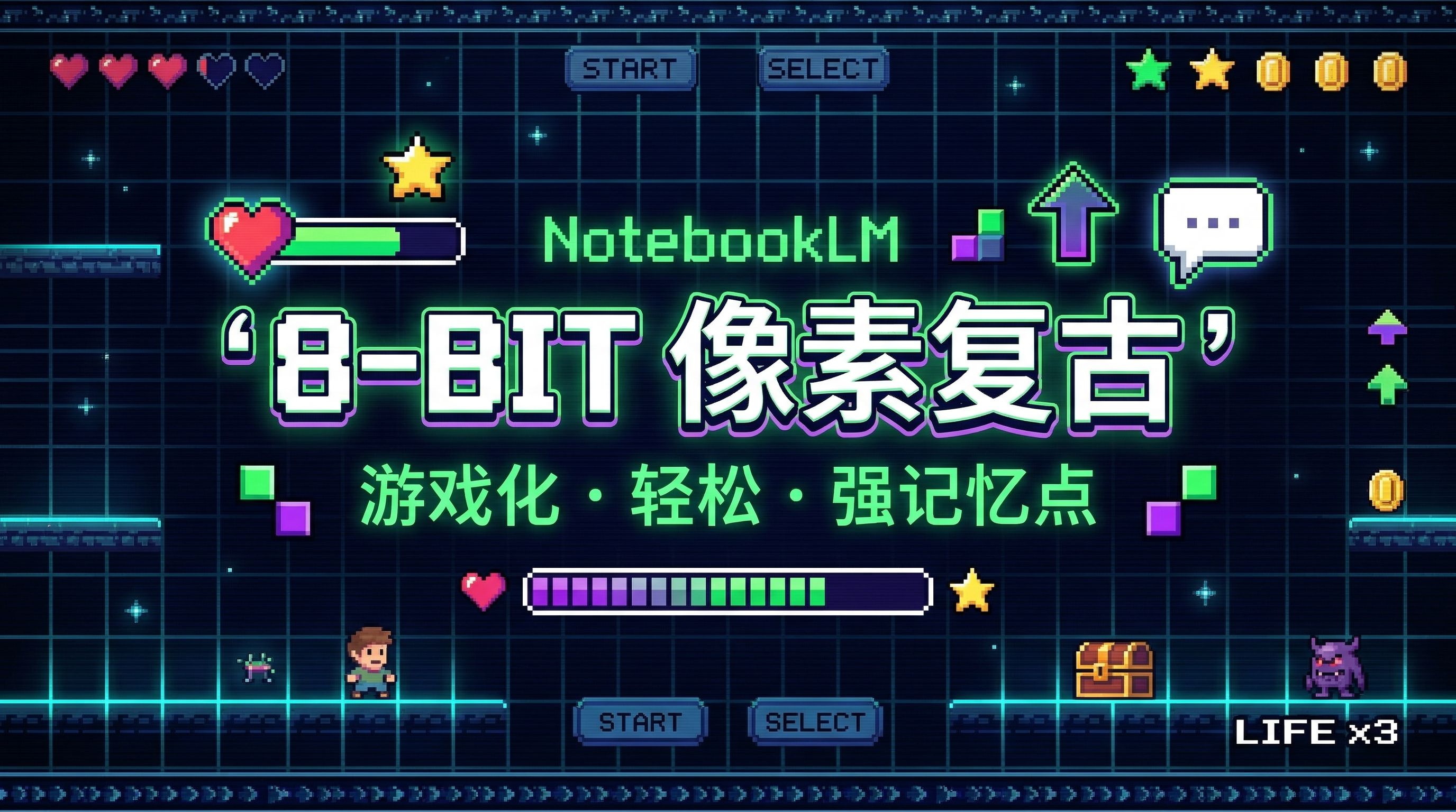 图片展示的是“8-bit像素复古”风格的界面。画面背景为深蓝色,点缀着星星,有绿色的网格线。左上角有三个心形图案,中间是“NotebookLM”字样,下方是“8-BIT像素复古”标题,其下是“游戏化·轻松·强记忆点”说明。画面底部有“START”和“SELECT”按钮,左下角有一个小人形象,右下角有“LIFE x3”字样。该图片与文档中介绍的“8-bit像素复古”视觉风格内容相关,直观呈现了该风格的视觉特点。