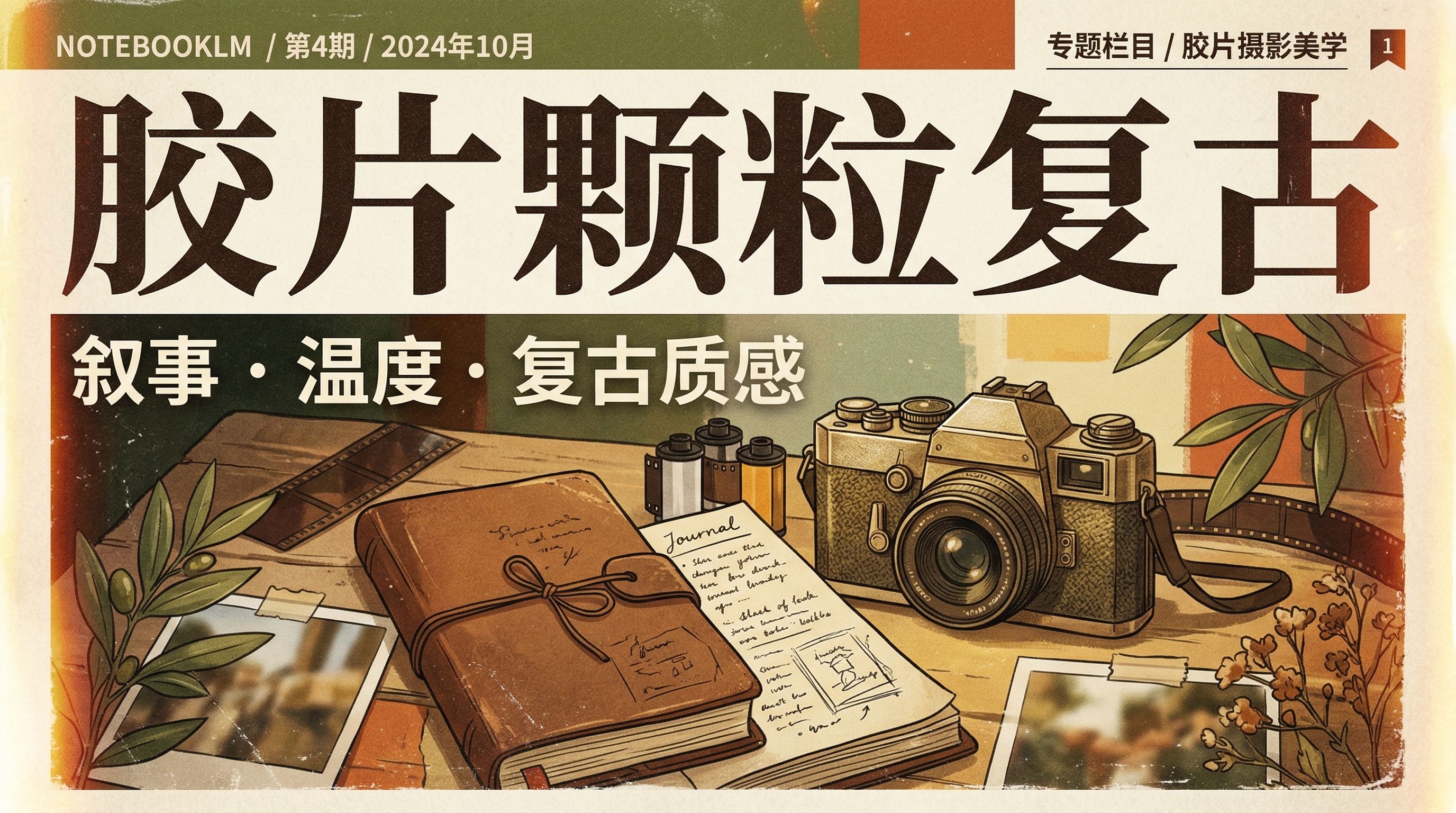 图片为“胶片颗粒复古”专题栏目的封面,背景为棕褐色调,画面中有复古相机、胶卷、笔记本、照片等物品。上方文字为“专题栏目/胶片摄影美学”,左上角标注“NOTEBOOKLM / 第4期 / 2024年10月”,右上角有“1”标识。下方大字标题为“胶片颗粒复古”,副标题为“叙事·温度·复古质感”。该图片与文档中介绍的“胶片颗粒复古”视觉风格内容相关,展示了该风格的典型元素。