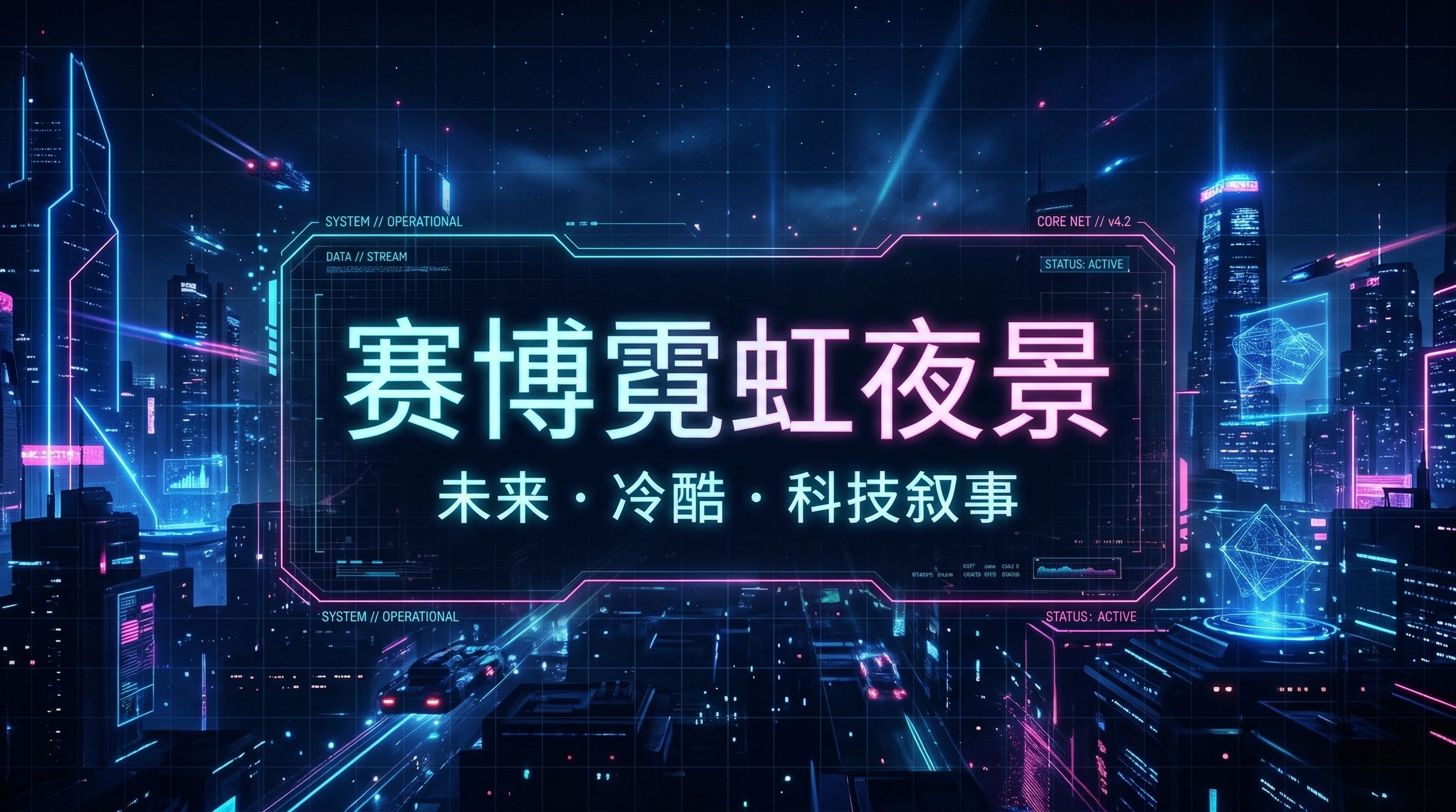 图片展示的是赛博霓虹夜景风格的视觉效果。画面背景为未来城市夜景,高楼大厦林立,霓虹灯闪烁,呈现出冷酷科技感。画面中央有紫色边框的白色文字“赛博霓虹夜景”,下方是“未来·冷酷·科技叙事”。画面左上角和右上角分别有“SYSTEM // OPERATIONAL”和“CORE NET // v4.2”字样,底部还有“SYSTEM // OPERATIONAL”和“STATUS: ACTIVE”。该图片与文档中介绍赛博霓虹夜景风格的内容相契合,直观呈现了该风格的视觉特点。