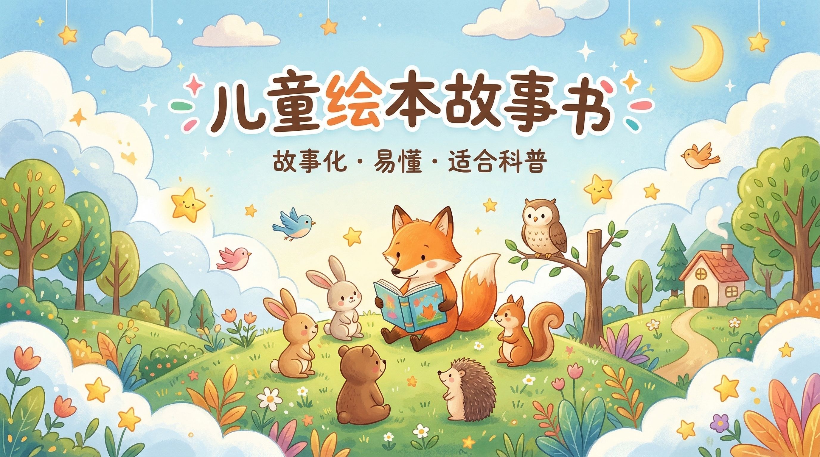 图片展示的是具有儿童绘本故事书风格的画面。画面中有一片绿意盎然的草地,草地上有狐狸、兔子、松鼠、小熊、刺猬等小动物,狐狸正拿着书阅读。背景有蓝天白云、星星、树木、花朵、小鸟以及远处的小屋和蜿蜒小路等元素。上方配有文字“儿童绘本故事书”,下方有“故事化·易懂·适合科普”的说明。此图片与文档中“1.16儿童绘本故事书”的内容相对应,直观呈现了该视觉风格的特点。