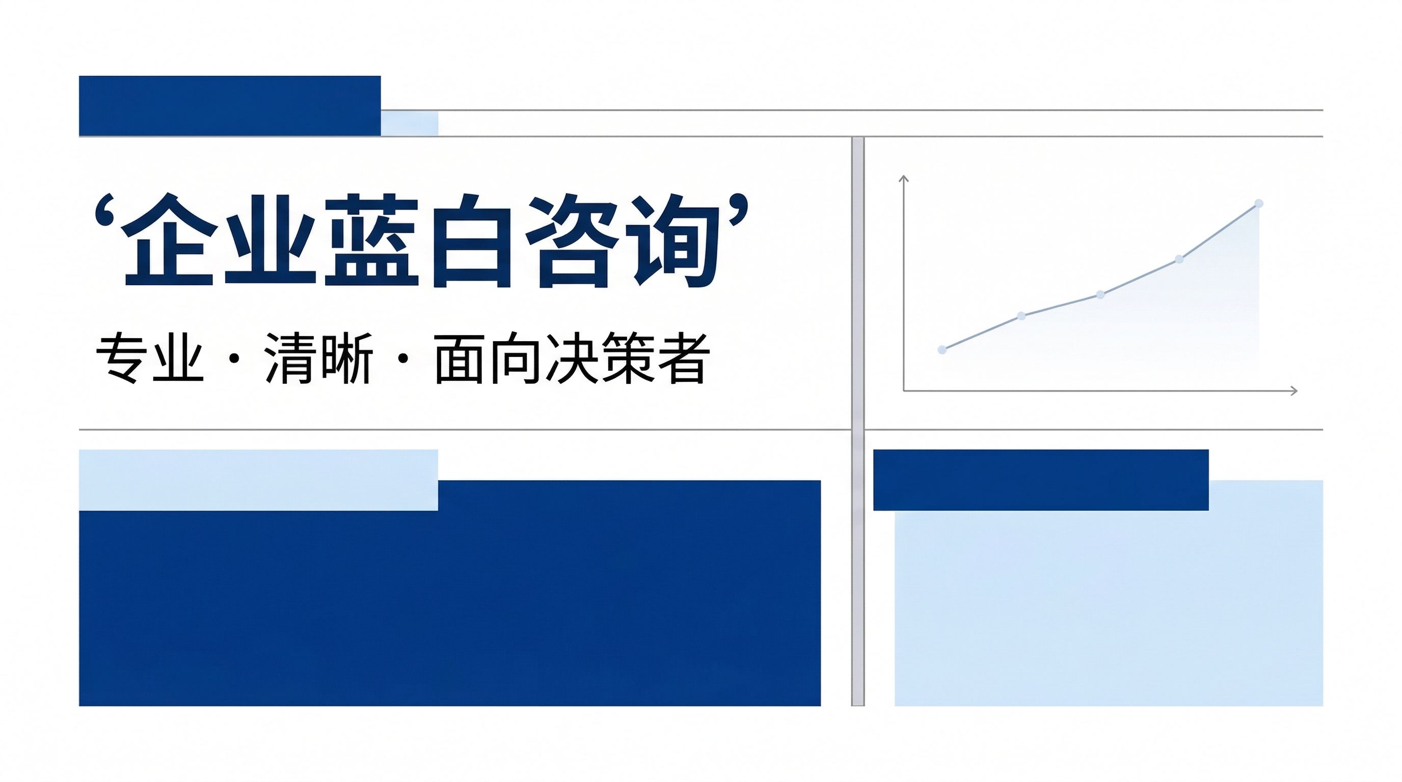 图片展示了“企业蓝白咨询”的视觉风格示例。画面以蓝白为主色调,左侧有“‘企业蓝白咨询’ 专业·清晰·面向决策者”的文字。右侧有一个折线图,呈现上升趋势。画面下部还有不同形状和大小的蓝白色块分布。该图片与文档中“1.17企业蓝白咨询(Consulting)”内容相关,是对这一视觉风格的直观呈现,突出其专业、清晰的特点。