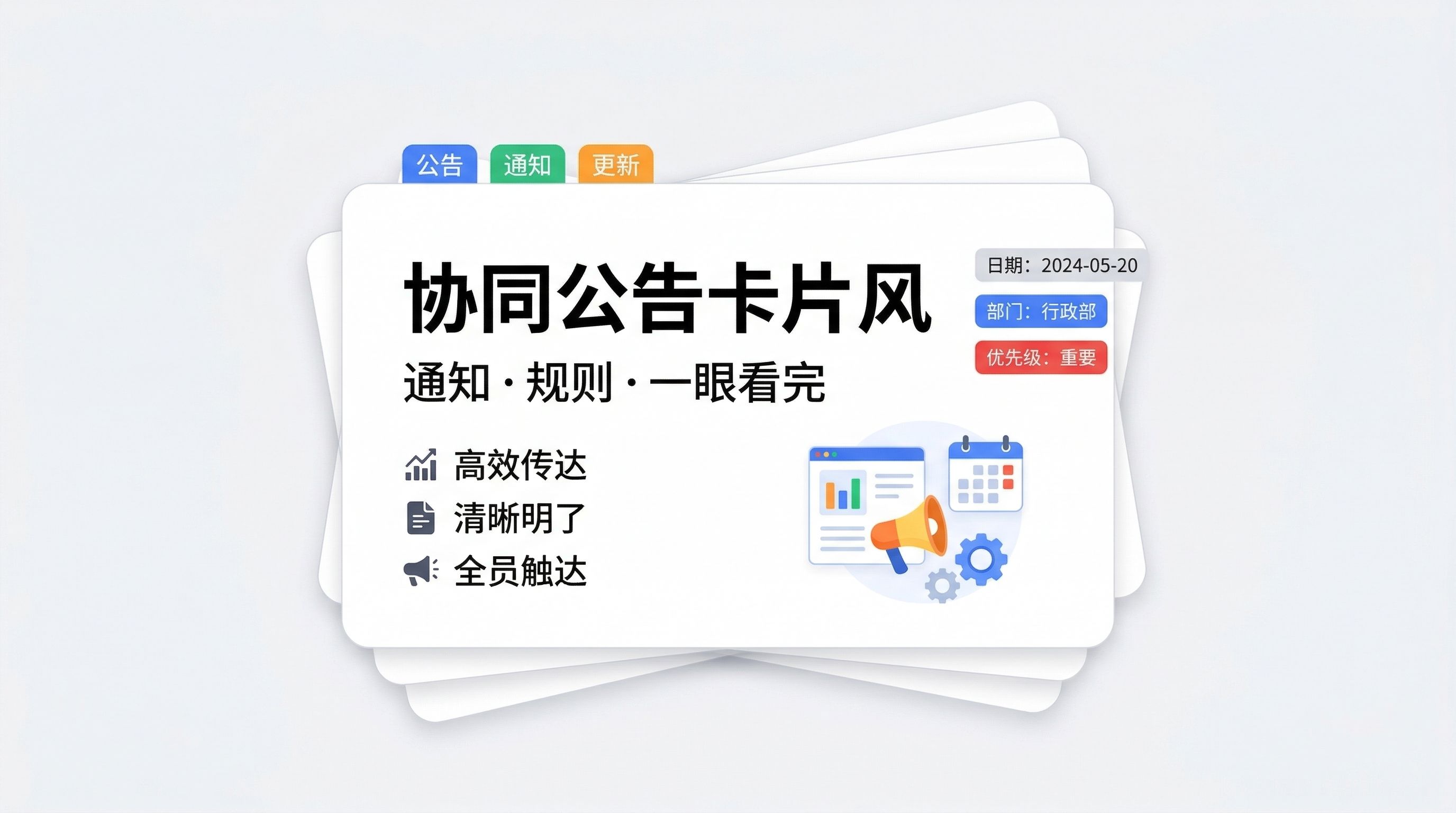 图片展示的是协同公告卡片风示例。卡片顶部有“公告”“通知”“更新”标签。中间大字显示“协同公告卡片风”,右侧注明日期为2024 - 05 - 20,部门为“部门:行政部”,还有“优先级:重要”标识。下方文字为“通知·规则·一眼看完”,并以图标和文字结合的形式列出“高效传达”“清晰明了”“全员触达”特点。图片位于文档中介绍“1.21协同公告卡片风(飞书/钉钉通用)”内容之后,直观呈现了该视觉风格的样式。