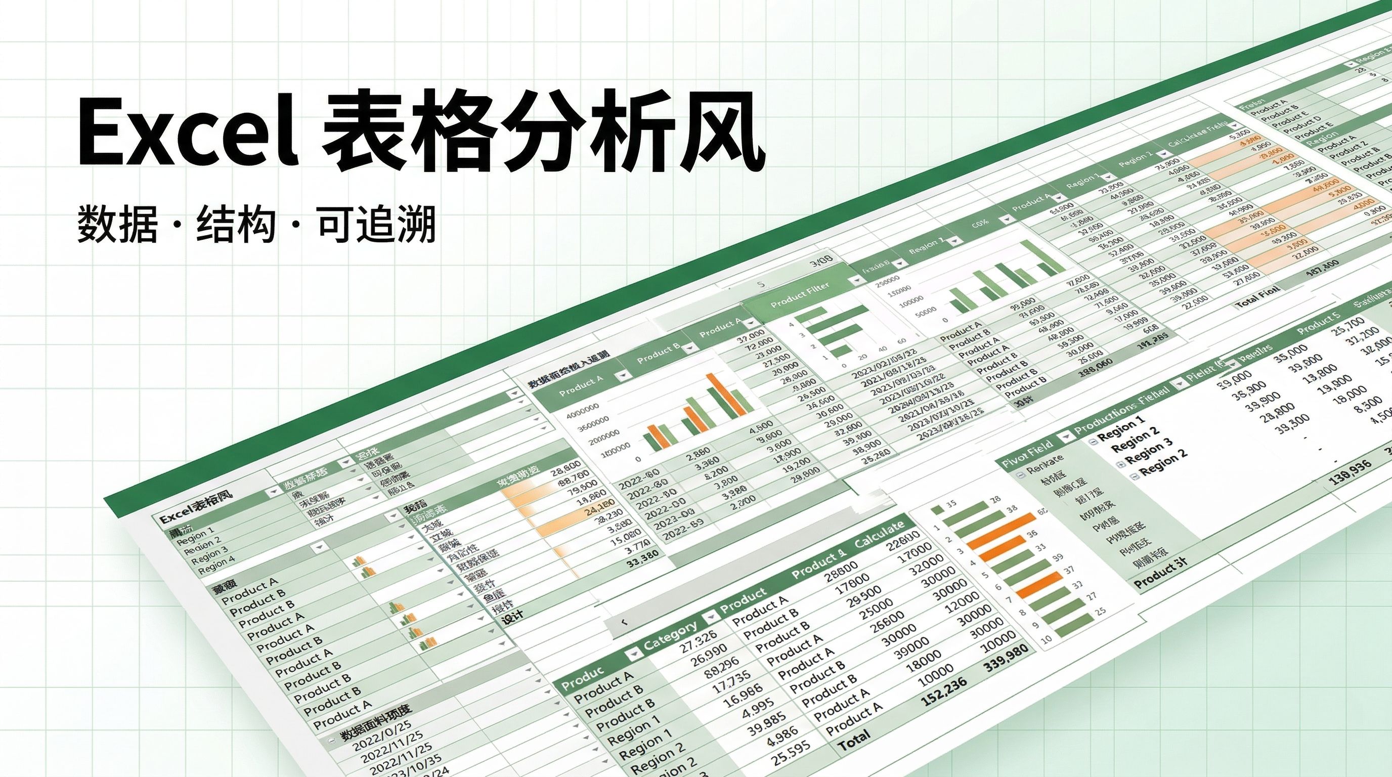 图片展示的是“Excel表格分析风”风格的文档。上方大字标题为“Excel 表格分析风”,下方小字为“数据 · 结构 · 可追溯”。图片中呈现了多张Excel表格,表格内容包含产品名称、销售数据、地区等信息,部分单元格以绿色、橙色等颜色突出显示,还配有柱状图等图表。该图片与文档中介绍的“Excel表格分析风”风格内容相契合,直观呈现了该风格的特点。