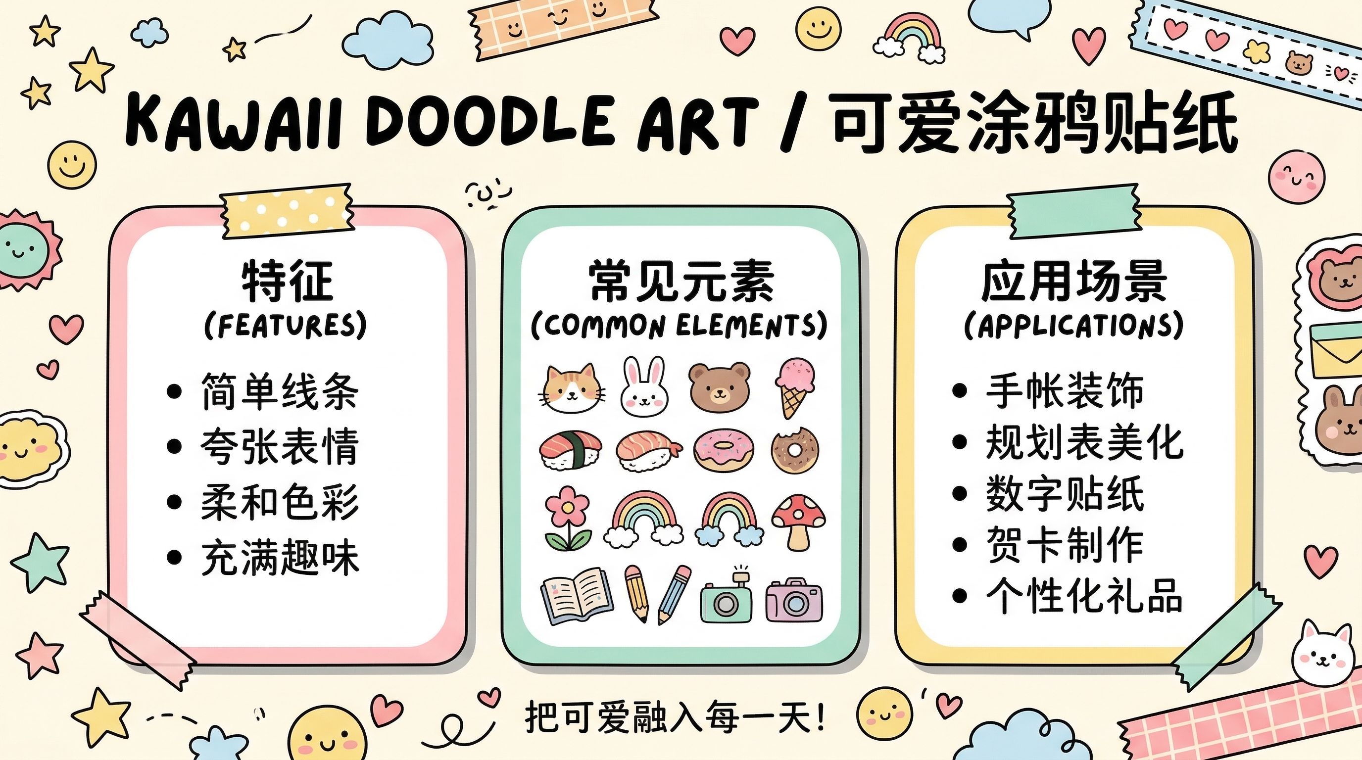 图片以“KAWAII DOODLE ART / 可爱涂鸦贴纸”为标题,展示了可爱涂鸦贴纸的特征、