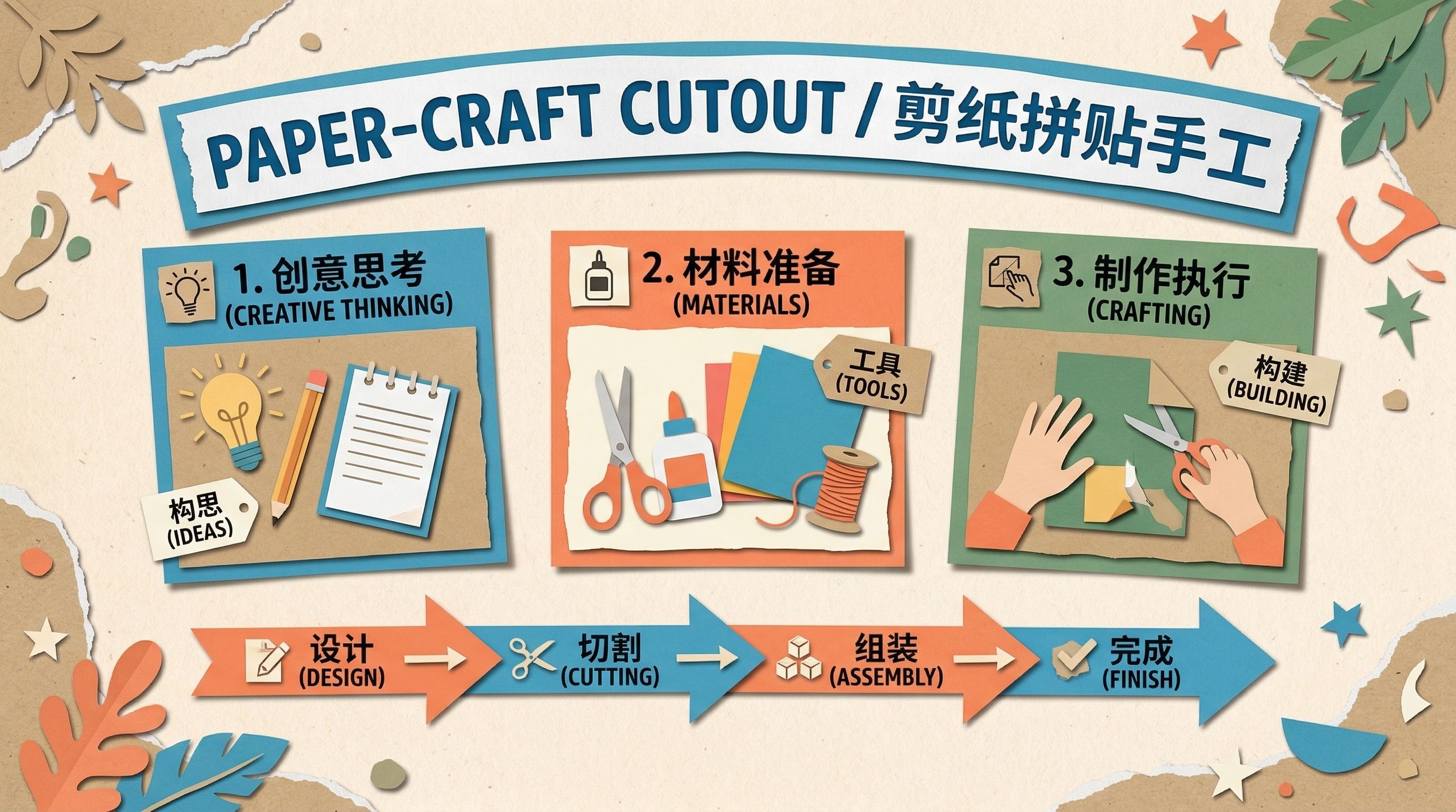 图片展示了剪纸拼贴手工的制作流程。分为三个步骤:1. 创意思考,包括构思和创意;2. 材料准备,列出工具和材料;3. 制作执行,有构建和完成。每个步骤配有相应的图标和文字说明,如灯泡代表创意、剪刀和胶水代表工具等。图片与文档中介绍的剪纸拼贴手工风相呼应,直观呈现了。