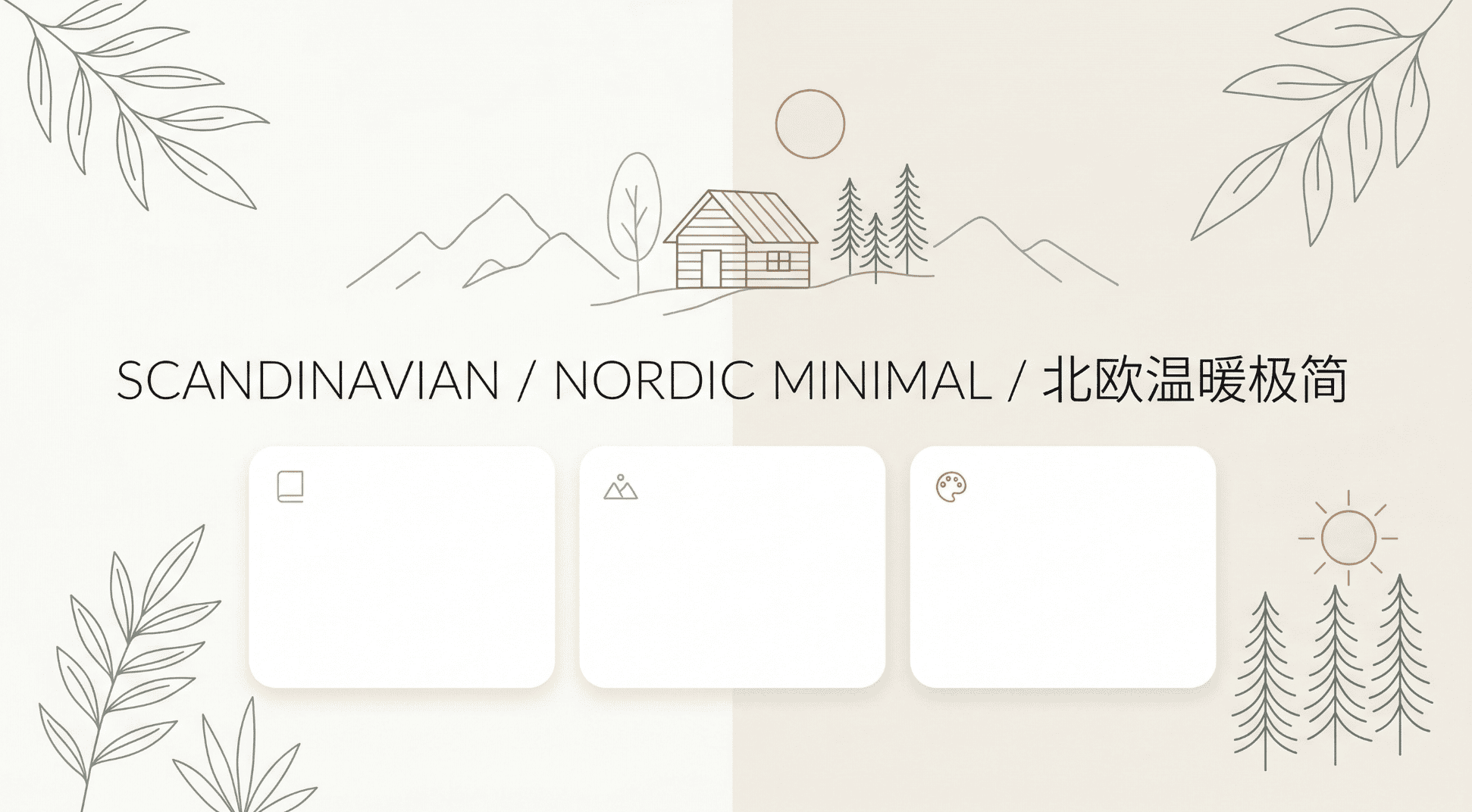 图片展示的是北欧温暖极简风格(Scandinavian/Nordic Minimal)的视觉风格示例。画面背景为浅色,左侧有枝叶图案,右侧有树木、山峰和太阳图案。画面中央有三个白色空白卡片,卡片上有不同图标,分别为窗户、山峰和月亮。卡片下方有“SCANDINAVIAN / NORDIC MINIMAL / 北欧温暖极简”的文字说明。该图片与文档中介绍北欧温暖极简风的内容相契合,直观呈现了该风格的视觉特点。