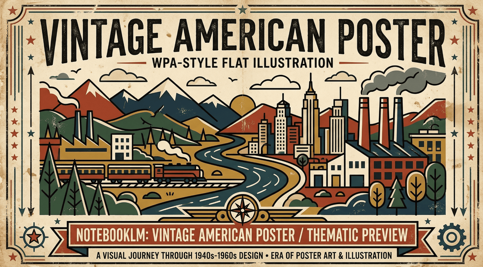 图片展示的是“Vintage American Poster”风格的插画,属于WPA-Style Flat Illustration。画面中,山脉、工厂、火车、