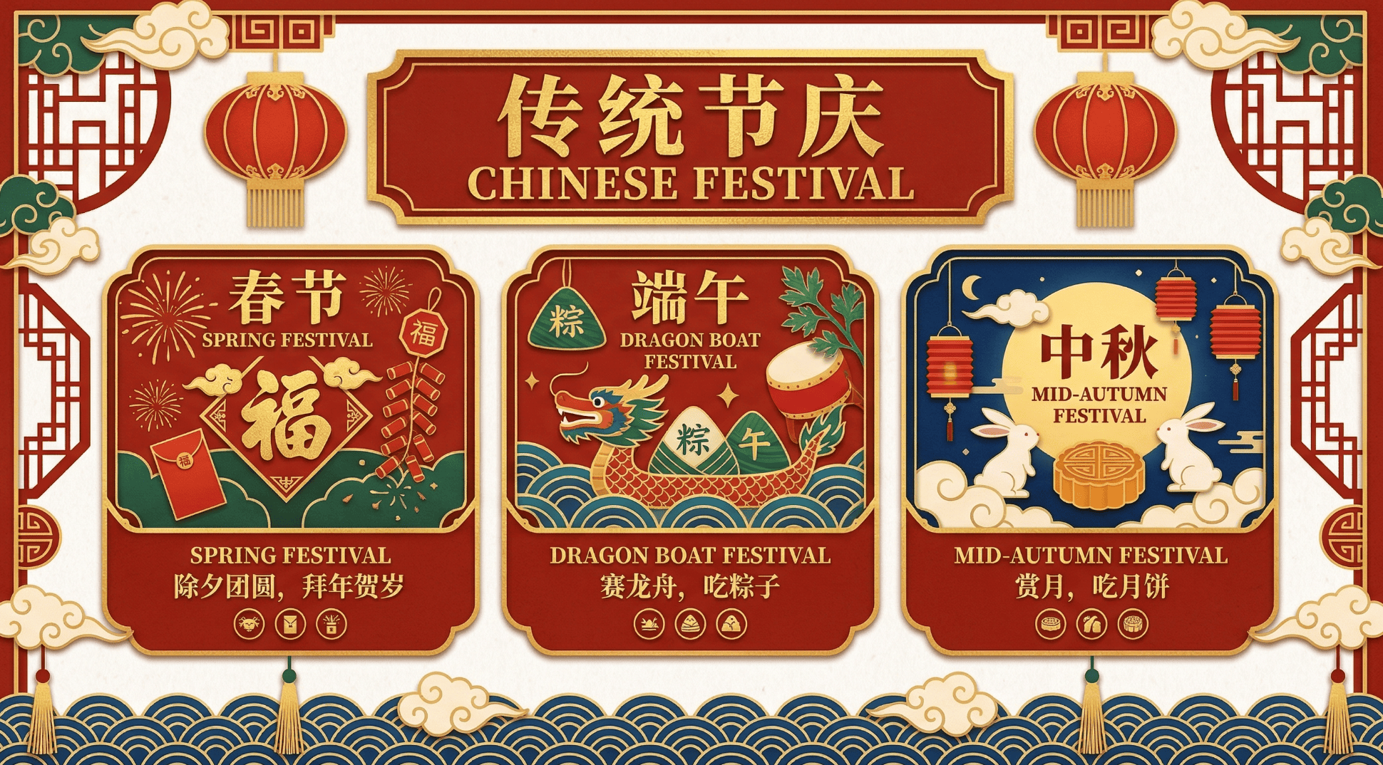 图片以“传统节庆”为主题,背景为红色,配有中国结、灯笼等装饰。画面分为三部分,分别介绍春节、端午节、中秋节。春节部分以红色灯笼、鞭炮等元素,标注“除夕团圆,拜年贺岁”;端午节部分有龙舟、粽子图案,标注“赛龙舟,吃粽子”;中秋节部分有兔子、月饼图案,标注“赏月,吃月饼”。图片与文档中介绍中国传统节庆风的内容相契合,直观呈现了春节、端午、中秋三个传统节日的特色。