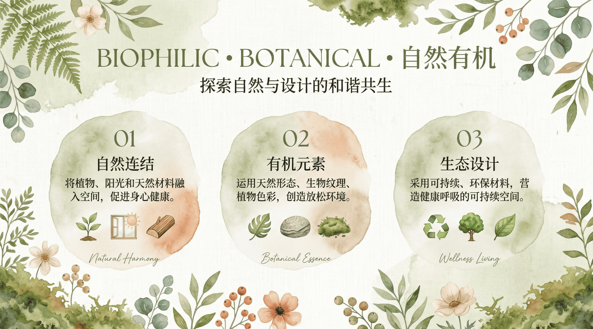 图片展示的是自然有机风的设计内容。画面顶部写有“BIOPHILIC·BOTANICAL·自然有机”及“探索自然与设计的和谐共生”。中间部分以三个圆形呈现,分别标有“01 自然连结”“02 有机元素”“03 生态设计”。“自然连结”是将植物、阳光和天然材料融入空间;“有机元素”指运用天然形态等创造放松环境;“生态设计”为采用可持续环保材料营造健康空间。背景有绿植、花朵等自然元素装饰,契合自然有机主题。