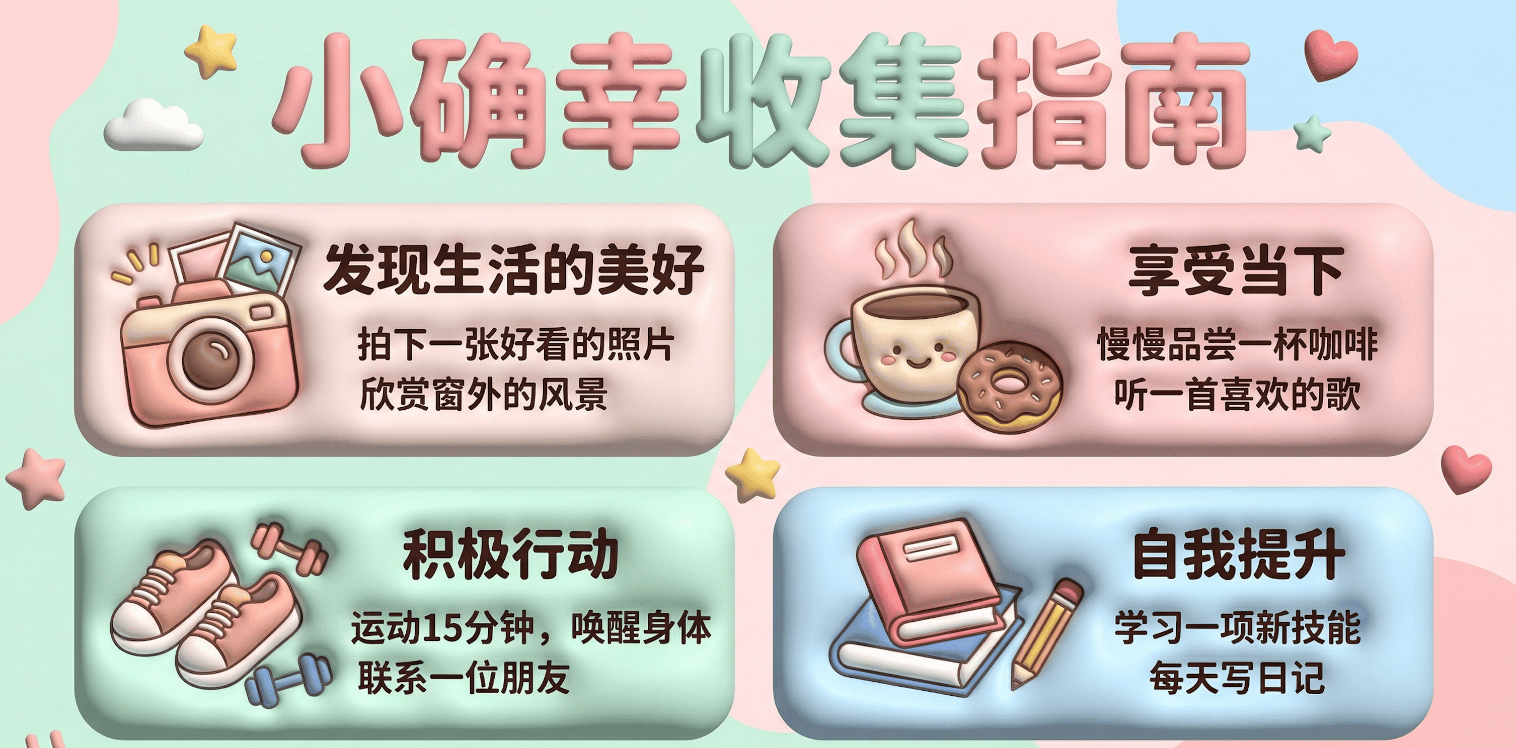 图片为“小确幸收集指南”插画,背景为粉色渐变,配有星星、云朵等装饰。分为四部分,每部分配有图标和文字。左上角是相机图标,文字为“发现生活的美好,拍下一张好看的照片,欣赏窗外的风景”;右上角是咖啡杯和甜甜圈图标,文字为“享受当下,慢慢品尝一杯咖啡,听一首喜欢的歌”;左下角是运动鞋和哑铃图标,文字为“积极行动,运动15分钟,唤醒身体,联系一位朋友”;右下角是书本和铅笔图标,文字为“自我提升,学习一项新技能,每天写日记”。这些内容与上下文介绍的“小确幸”主题相契合。