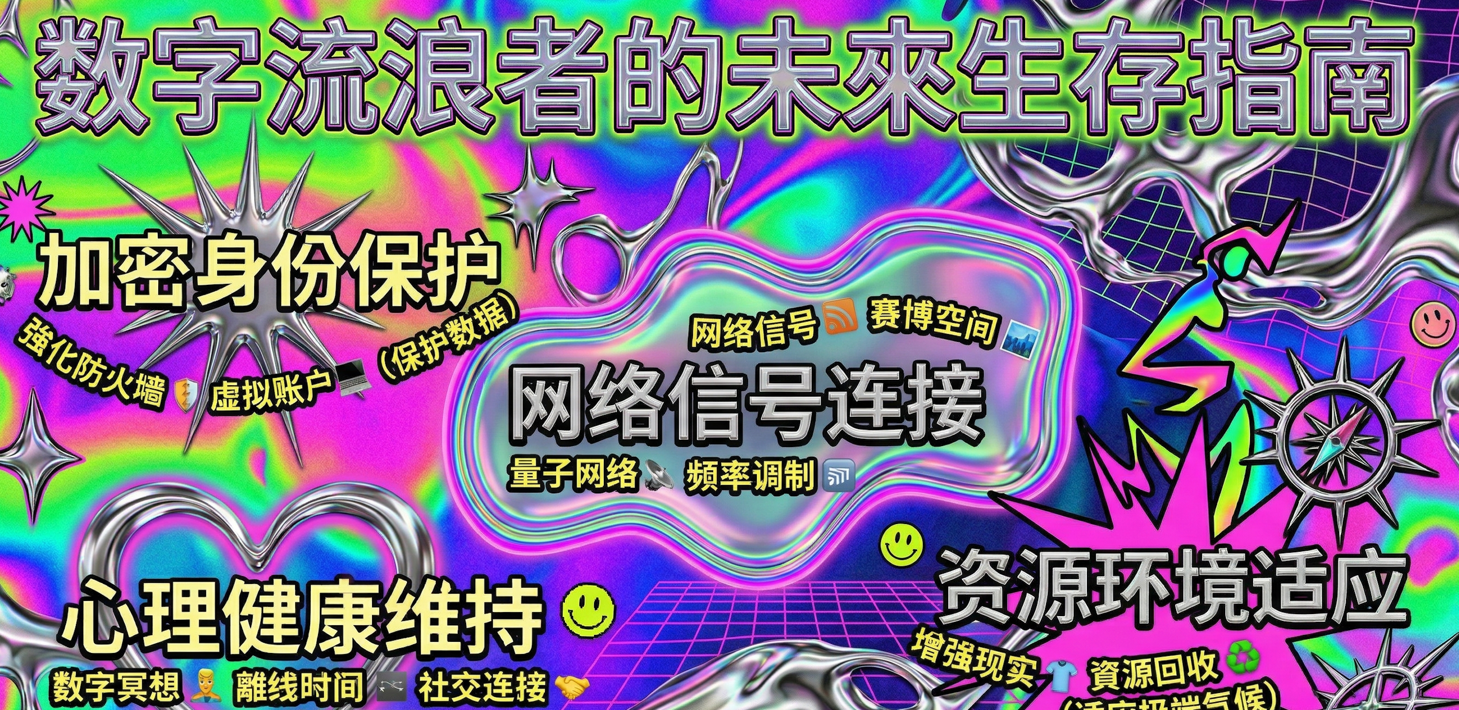 图片为“数字流浪者的未来生存指南”主题的插画,背景色彩斑斓,有紫色、绿色等。画面中突出显示“加密身份保护”“网络信号连接”“心理健康维持”“资源环境适应”等关键词,每个关键词旁配有相关图标。如“加密身份保护”旁有盾牌和锁,代表数据安全;“网络信号连接”旁有信号和赛博空间图标,体现网络连接;“心理健康维持”旁有心形和微笑,强调心理调适;“资源环境适应”旁有地球和回收图标,体现环保意识。这些内容与上下文介绍的视觉风格相关,是其中一种风格的示例。