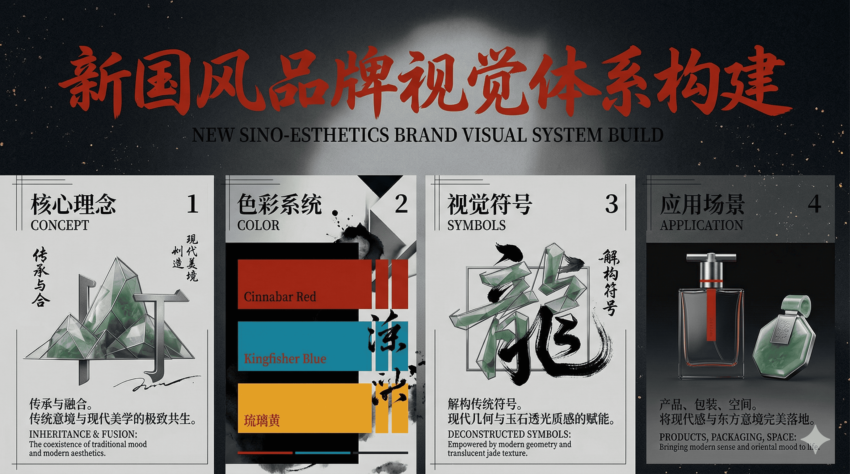 图片展示了新国风品牌视觉体系构建内容。上方有红色大字标题“新国风品牌视觉体系构建”。下方分四部分:一是核心理念,强调传承与融合;二是色彩系统,列出朱砂红、翠鸟蓝、琉璃黄;三是视觉符号,有解构传统符号示例;四是应用场景,呈现了香水瓶等产品。图片与文档上下文的“1.43新中式/国潮风(New Chinese Style)”相关,直观呈现了新中式风格在品牌视觉体系方面的设计思路。