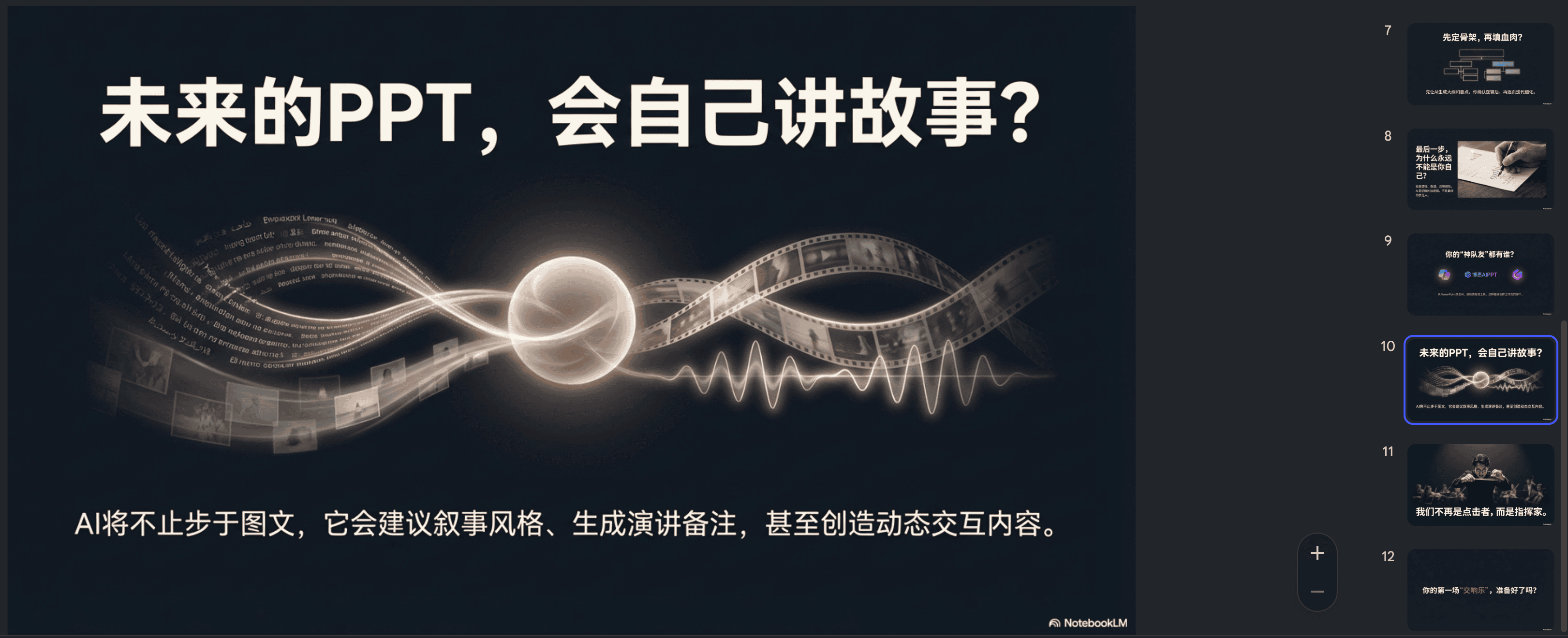 图片展示的是一个PPT页面,标题为“未来的PPT,会自己讲故事?”,背景为深色,有线条和球体等元素。下方文字说明AI将不止步于图文,它会建议叙事风格、生成演讲备注,甚至创造动态交互内容。该图片位于文档中介绍PPT结构模板部分,是对未来PPT发展趋势的阐述,与上下文关于PPT结构模板的内容相呼应,体现了AI在PPT制作中的应用前景。