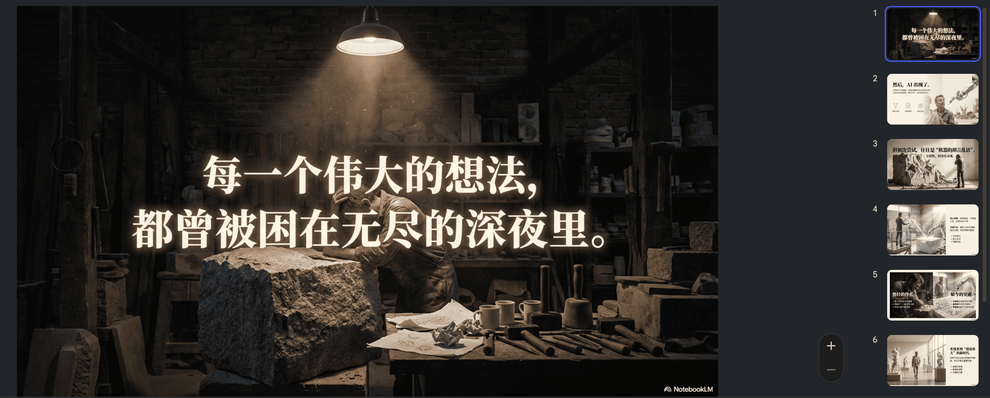 图片展示的是TED演讲型PPT模板中的一张幻灯片。画面以暗色调为主,背景是一个昏暗的工作室场景,一盏灯光打在工作台和石块上。画面中央有白色文字“每一个伟大的想法,都曾被困在无尽的深夜里”。图片右侧有缩略图栏,显示了多张幻灯片的预览画面。该图片与上下文的关系是,作为TED演讲型PPT结构模板示例,体现出此类模板适合公开演讲、产品发布等场景,具有一定的感染力和故事性。