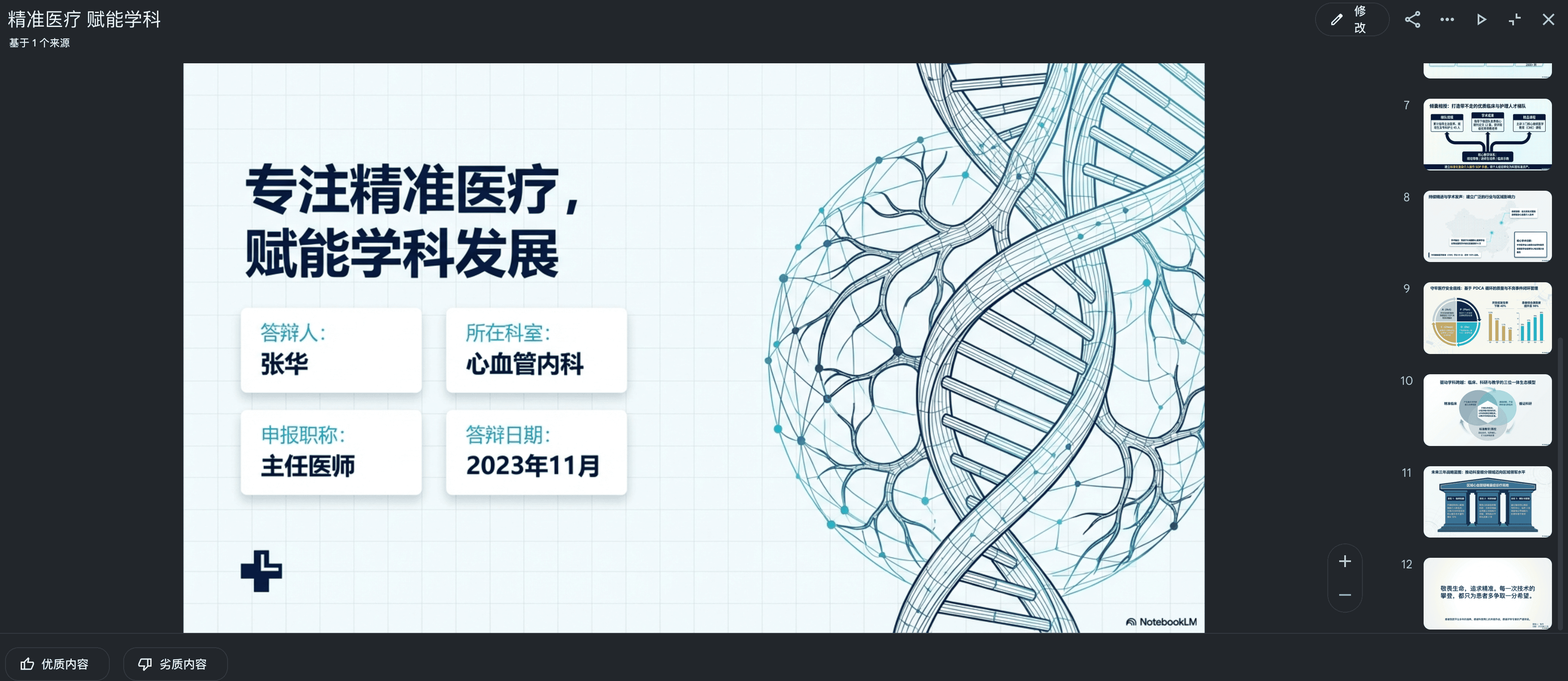 图片展示的是“精准医疗 赋能学科”主题的答辩PPT封面。左侧文字为“专注精准医疗,赋能学科发展”,下方有答辩人张华、