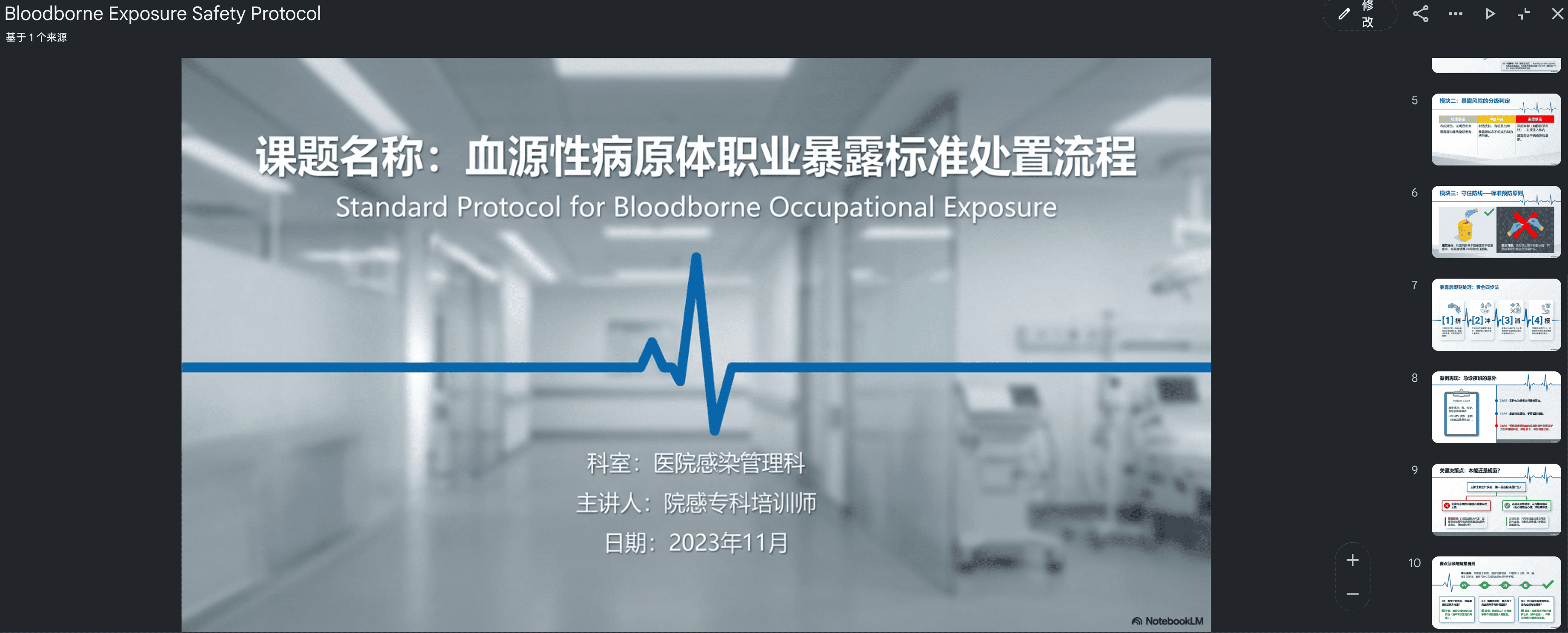 图片展示的是一个课件封面,课题名称为“血源性病原体职业暴露标准处置流程” ,英文为“Standard Protocol for Bloodborne Occupational Exposure”。背景是医院走廊场景,中间有一条心电图样式的蓝线。左下角英文显示为“Bloodborne Exposure Safety Protocol”。封面还标明科室为医院感染管理科,主讲人为院感专科培训师,日期是2023年11月。此图片与文档中“B27科内业务学习/培训课件”场景对应,适用于感控培训等场景。