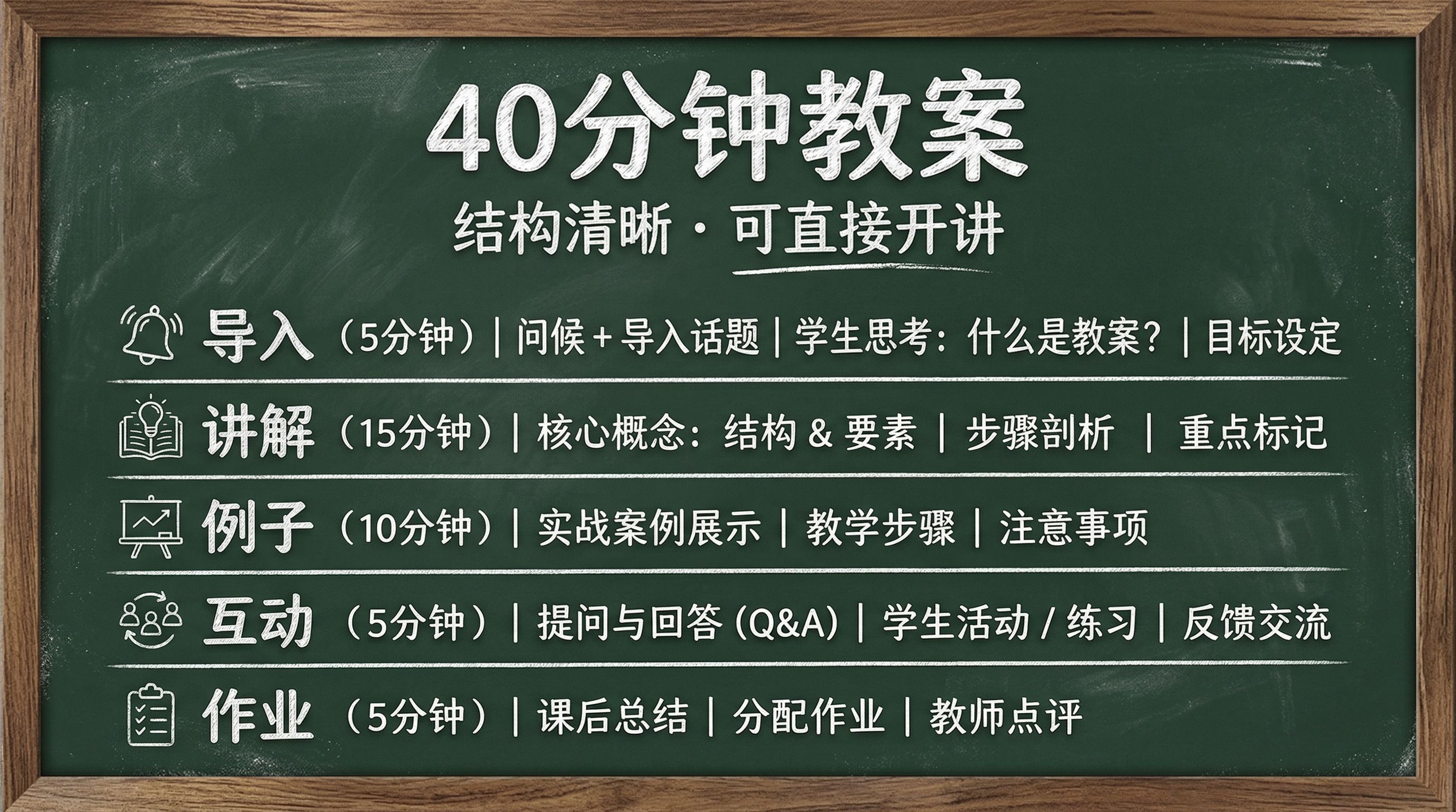 图片是一块黑板,上方大字写着“40分钟教案 结构清晰·可直接开讲”。黑板上列出了教案的五个环节:导入(5分钟)包括问候、导入话题、学生思考等;讲解(15分钟)讲解结构与要素、步骤剖析、重点标记;例子(10分钟)展示实战案例、教学步骤、注意事项;互动(5分钟)提问、回答、学生活动、练习、反馈交流;作业(5分钟)课后总结、分配作业、教师点评。该图片与文档中“4.8 B04课程教案(40分钟)”内容相关,直观呈现了40分钟课程教案的结构。