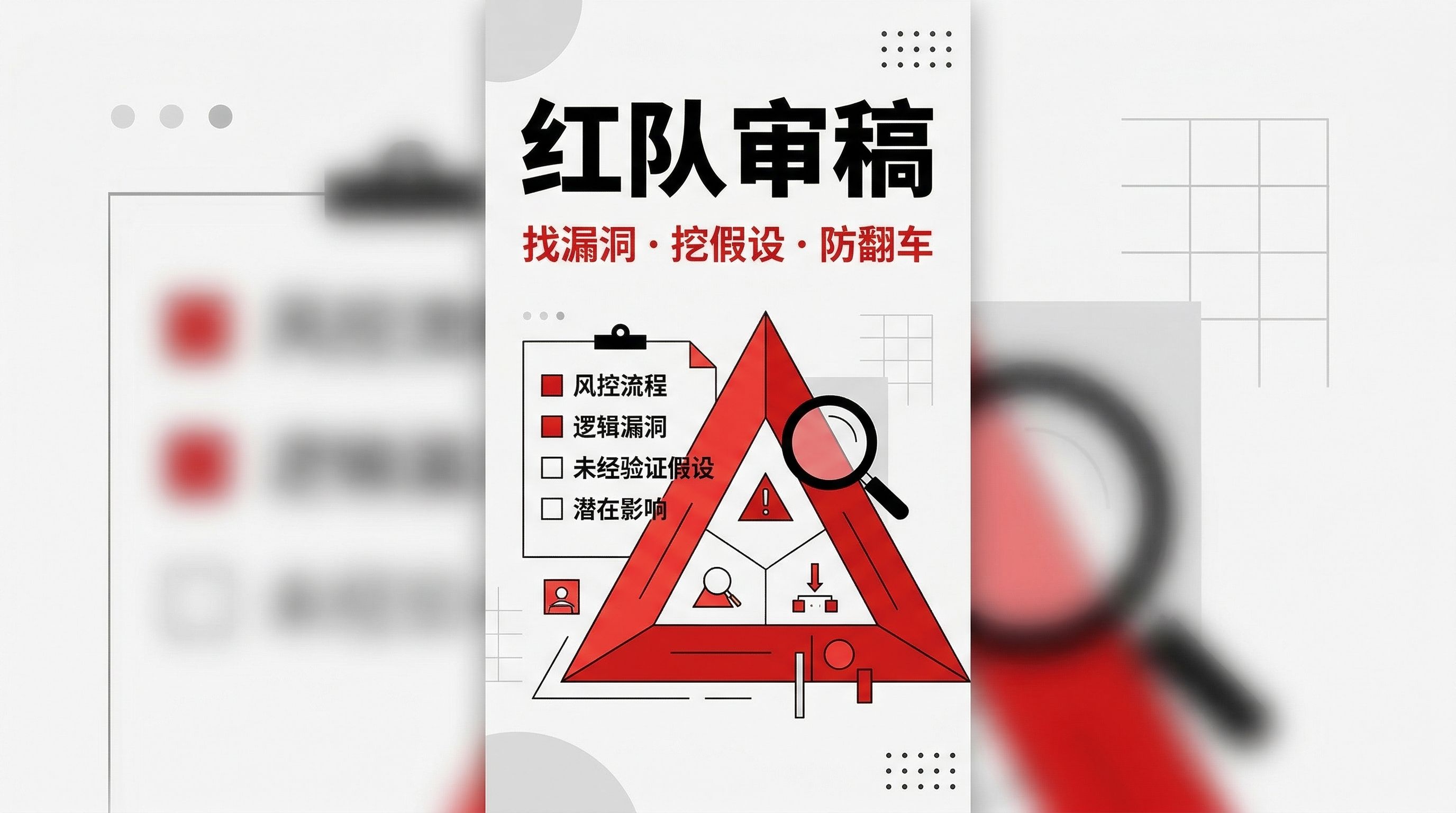 图片以红队审稿为主题,强调找漏洞、挖假设、防翻车。画面中红队标志突出,背景有放大镜、红点等元素。下方三角形内标注风控流程、逻辑漏洞、未经验证假设、潜在影响等类别。该图片位于文档中“4.10 B06红队审稿(挑错与风险)”场景模板介绍部分,直观呈现了红队审稿的核心内容,与上下文对红队审稿场景的适用场景及任务描述相呼应。