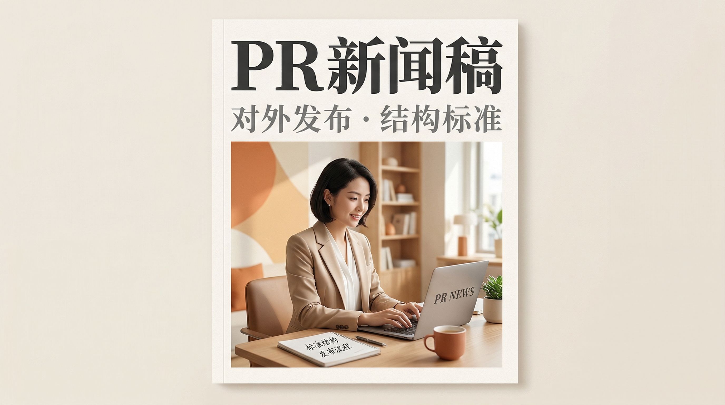 图片展示了一位女性在办公桌前使用笔记本电脑的场景,桌上有“PR NEWS”标识的文件。图片上方文字为“PR新闻稿 对外发布·结构标准”,表明其与对外发布的PR新闻稿相关,强调新闻稿的结构标准。该图片位于文档中“4.11 B07 PR新闻稿(对外发布)”场景模板介绍部分,是对该模板内容的形象呈现,帮助读者直观了解PR新闻稿对外发布时的场景。