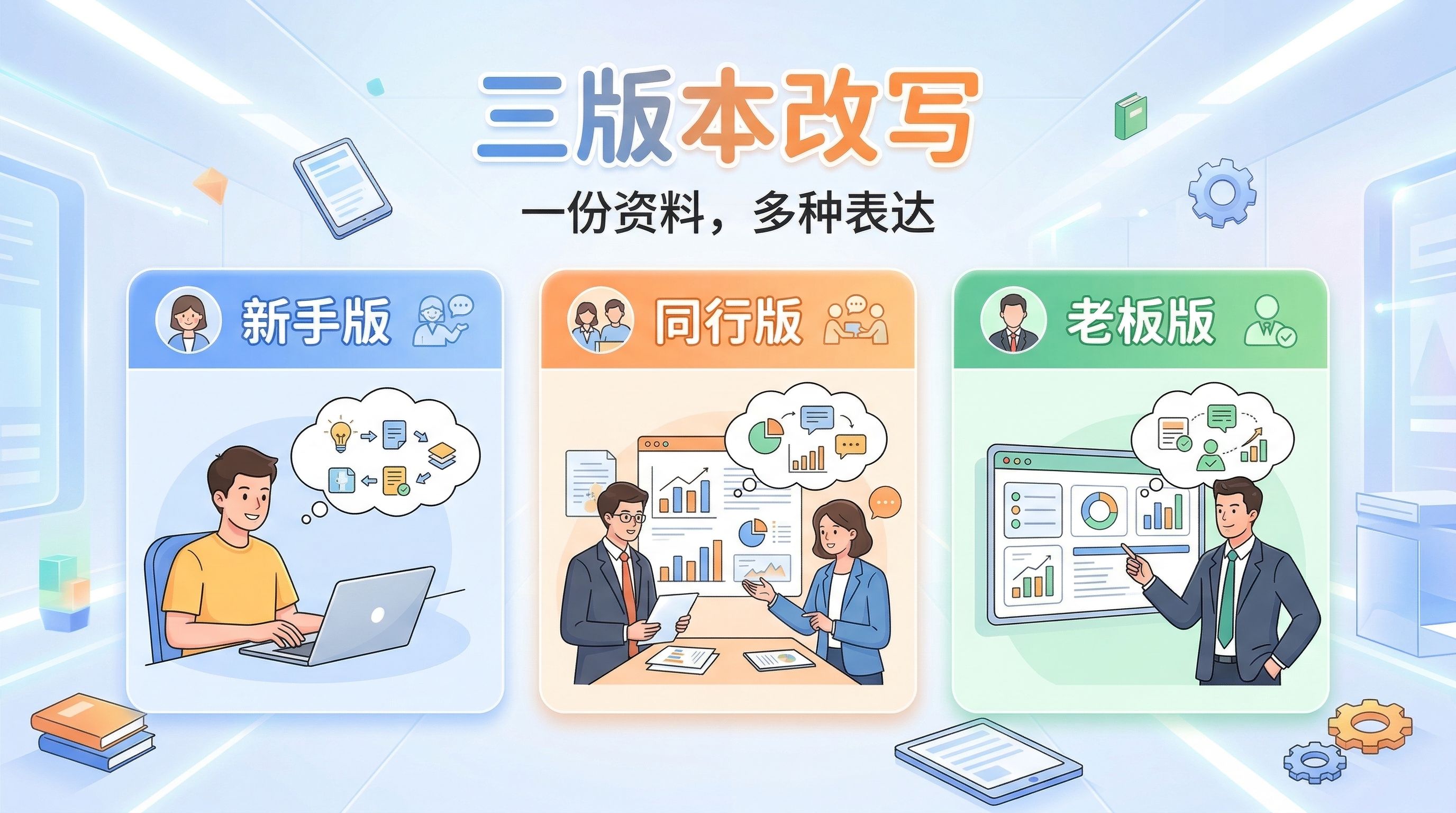 图片展示了三版本改写的内容,主题为“一份资料,多种表达”。左侧为新手版,画面有思考气泡,标注“新手版”;中间是同行版,有图表和对话气泡,标注“同行版”;右侧为老板版,有图表和演示气泡,标注“老板版”。画面背景为科技感的室内环境,配有相关图标。该图片与文档中“B11风格迁移:同一内容写3个版本”场景模板对应,直观呈现了同一内容在不同场景下表达方式的差异。