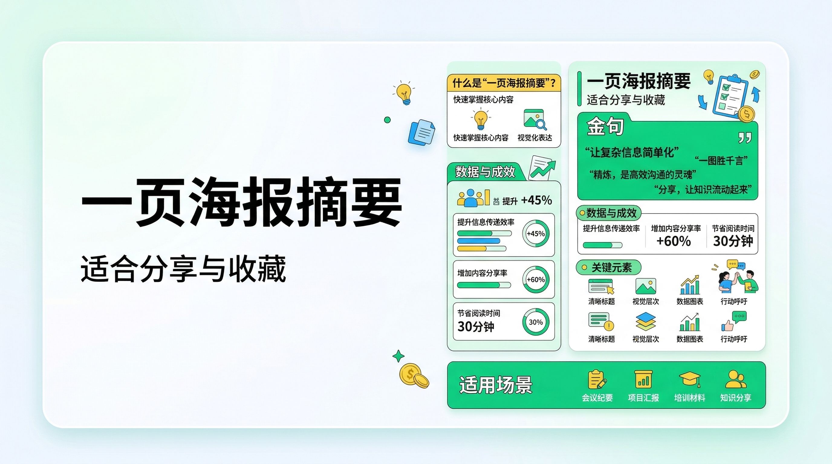 图片展示了“一页海报摘要”的相关内容。左侧标题为“一页海报摘要 适合分享与收藏”,并说明其是快速掌握核心内容、规范表达、提升信息传递效率、增加内容分享率、节省阅读时间的工具。右侧分为“什么是‘一页海报摘要’”和“一页海报摘要”两部分,前者介绍其让信息简单化,后者列出金句、数据与成效、关键元素等,还标注了适用场景为会议汇报、项目汇报、经验材料、经验总结。
