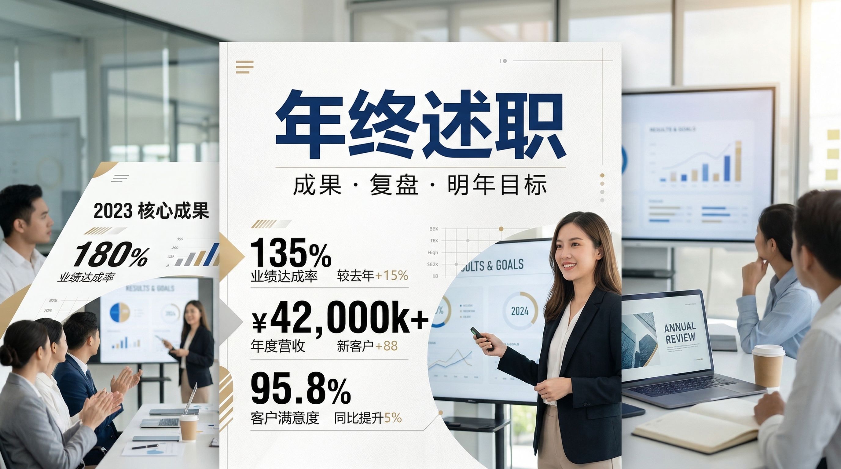 图片展示了一位正在做年终述职的女性,她站在白色展板前,展板上用大字写着“年终述职 成果·复盘·明年目标”,并列出了2023年核心成果,如业绩达成率180%、135%较去年+15%、年度营收42,000k+、新客户+88、客户满意度95.8%同比提升5%。背景中还有其他参会人员,右侧有显示“ANNUAL REVIEW”的笔记本电脑。此图与文档中“4.19 B15年终总结/述职(可直接做PPT)”的场景模板内容相关,直观呈现了年终述职的场景。