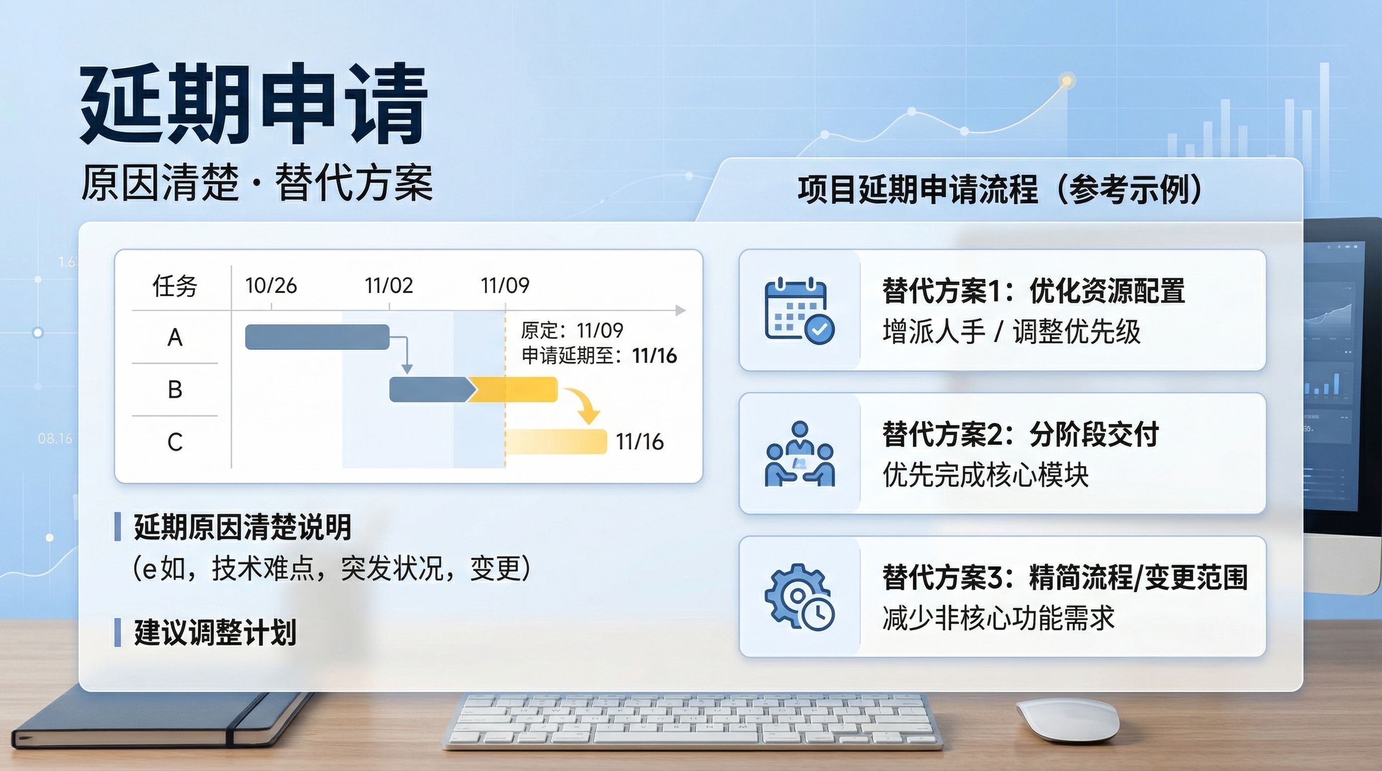 图片展示了项目延期申请的相关内容。左侧是任务进度条,任务A、B、C原定于11月9日完成,现申请延期至11月16日。下方提示需清楚说明延期原因,如技术难点等,并建议调整计划。右侧列出三个替代方案:一是优化资源配置,增派人手、调整优先级;二是分阶段交付,优先完成核心模块;三是精简流程、变更范围,减少非核心功能需求。图片与文档中“4.21 B17延期申请(给出替代方案)”的内容相契合,提供了具体的延期申请示例。